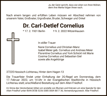 Todesanzeige von Carl-Detlef Cornelius von HNA
