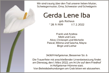 Todesanzeige von Gerda Lene Iba von HNA