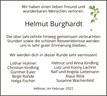 Todesanzeige von Helmut Burghardt von HNA