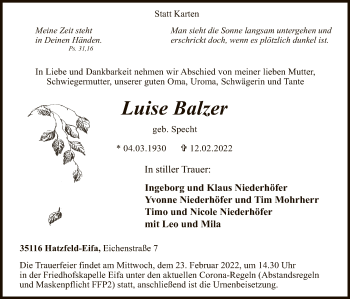 Todesanzeige von Luise Balzer von HNA