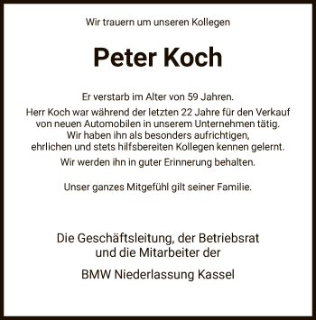Todesanzeige von Peter Koch von HNA