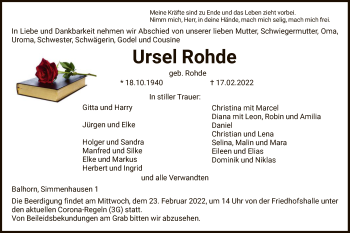 Todesanzeige von Ursel Rohde von HNA