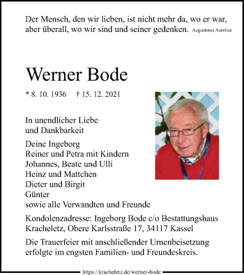 Todesanzeige von Werner Bode von HNA