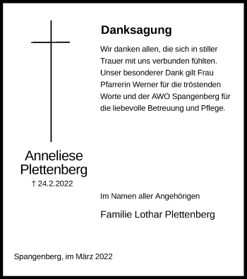 Todesanzeige von Anneliese Plettenberg von HNA