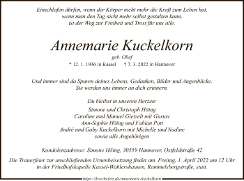 Todesanzeige von Annemarie Kuckelkorn von HNA