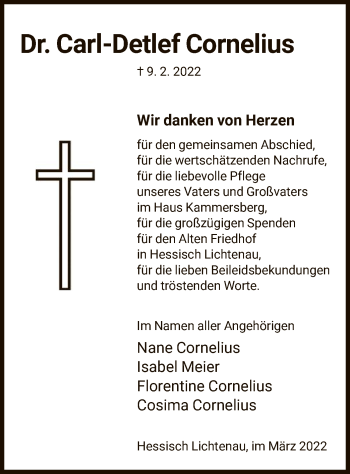Todesanzeige von Carl-Detlef Cornelius von HNA