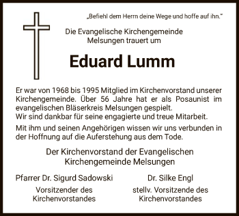 Todesanzeige von Eduard Lumm von HNA