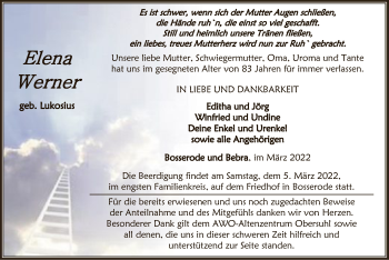 Todesanzeige von Elena Werner von HNA