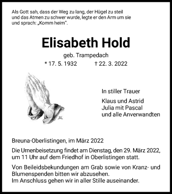 Todesanzeige von Elisabeth Hold von HNA