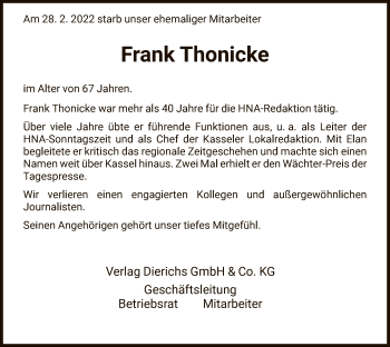 Todesanzeige von Frank Thonicke von HNA