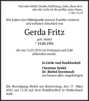 Todesanzeige von Gerda Fritz von HNA