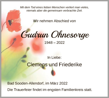 Todesanzeige von Gudrun Ohnesorge von HNA