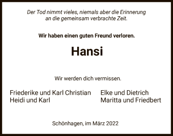 Todesanzeige von Hansi  von HNA