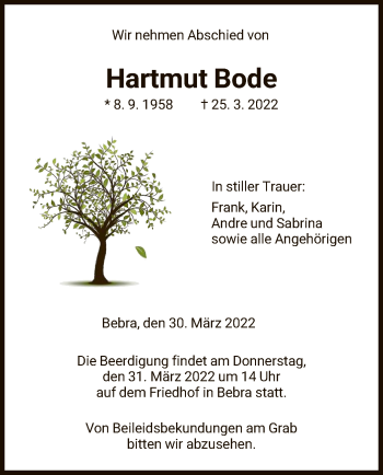 Todesanzeige von Hartmut Bode von HNA