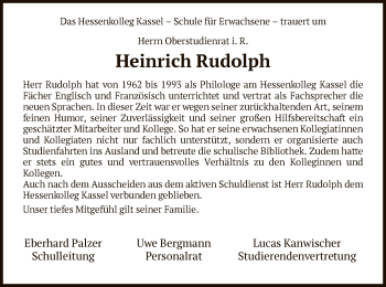 Todesanzeige von Heinrich Rudolph von HNA