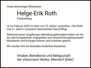 Todesanzeige von Helge-Erik Roth von HNA