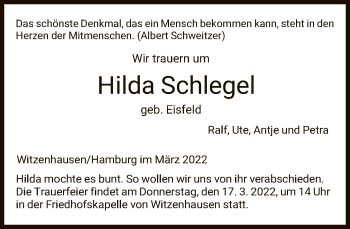 Todesanzeige von Hilda Schlegel von HNA