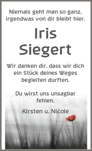 Todesanzeige von Iris Siegert von HNA