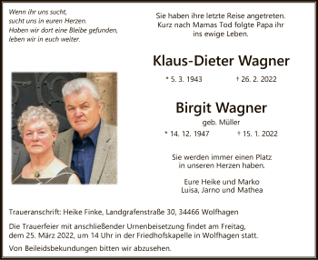Todesanzeige von Klaus-Dieter und Birgit Wagner von HNA