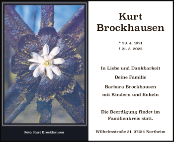 Todesanzeige von Kurt Brockhausen von HNA