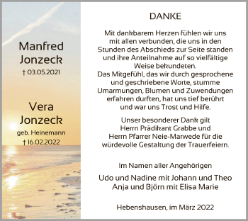 Todesanzeige von Manfred und Vera Jonzeck von HNA