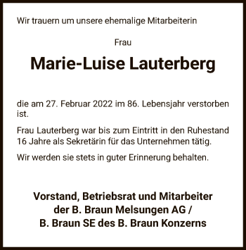 Todesanzeige von Marie-Luise Lauterberg von HNA