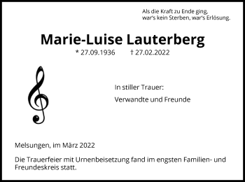 Todesanzeige von Marie-Luise Lauterberg von HNA