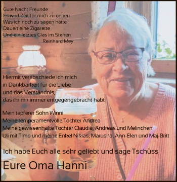 Todesanzeige von Oma Hanni  von HNA