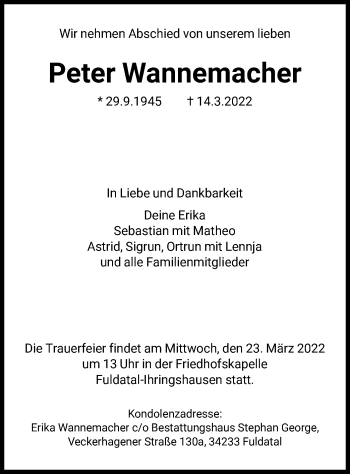Todesanzeige von Peter Wannemacher von HNA