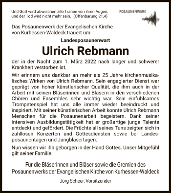 Todesanzeige von Ulrich Rebmann von HNA