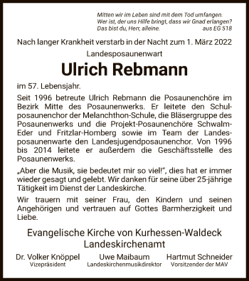 Todesanzeige von Ulrich Rebmann von HNA