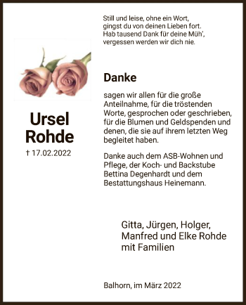 Todesanzeige von Ursel Rohde von HNA