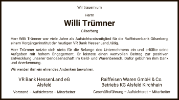 Todesanzeige von Willi Trümner von HNA