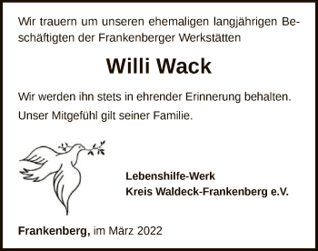 Todesanzeige von Willi Wack von HNA