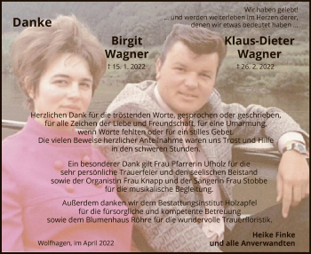 Todesanzeige von Birgit und Klaus-Dieter Wagner von HNA