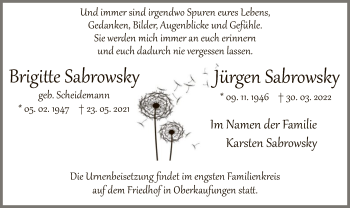Todesanzeige von Brigitte und Jürgen Sabrowsky von HNA