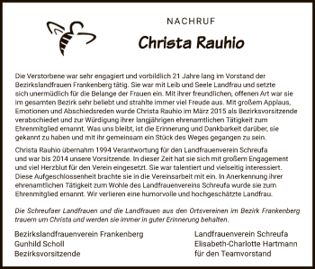 Todesanzeige von Christa Rauhio von HNA