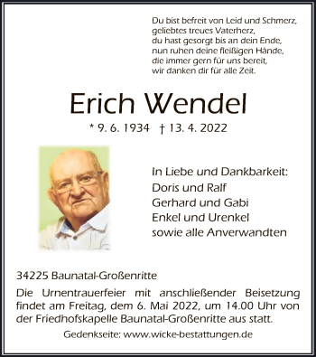 Todesanzeige von Erich Wendel von HNA