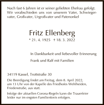 Todesanzeige von Fritz Ellenberg von HNA
