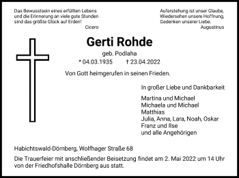 Todesanzeige von Gerti Rohde von HNA