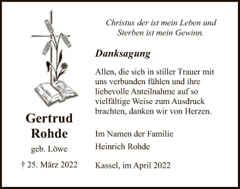 Todesanzeige von Gertrud Rohde von HNA