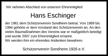 Todesanzeige von Hans Eschinger von HNA