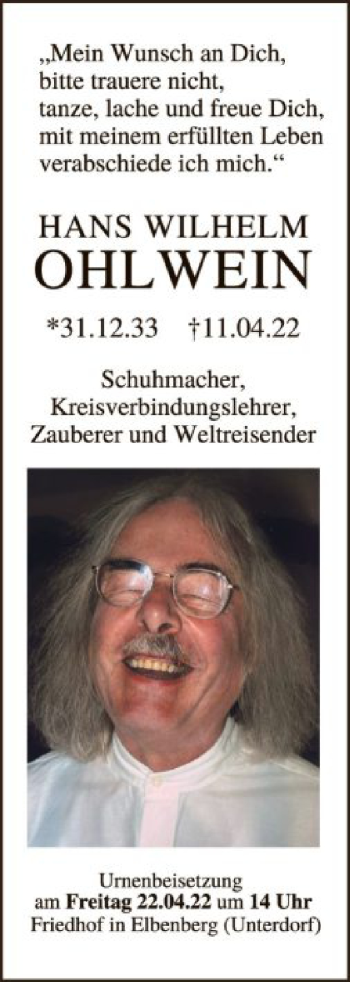 Todesanzeige von Hans Wilhelm Ohlwein von HNA
