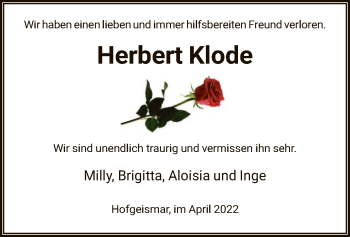Todesanzeige von Herbert Klode von HNA