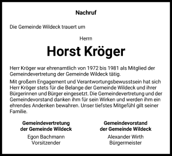 Todesanzeige von Horst Kröger von HNA