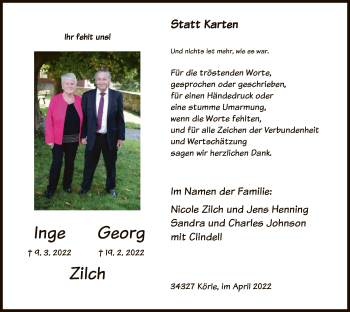 Todesanzeige von Inge und Georg Zilch von HNA
