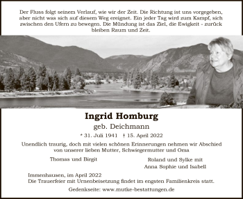 Todesanzeige von Ingrid Homburg von HNA