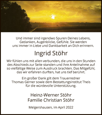 Todesanzeige von Ingrid Stöhr von HNA