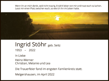 Todesanzeige von Ingrid Stöhr von HNA