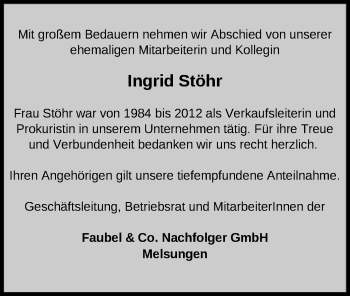 Todesanzeige von Ingrid Stöhr von HNA